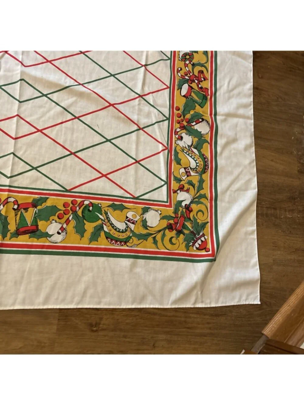 Vintage Large Christmas Tablecloth Red Green & Gold Border Size 81 X 60